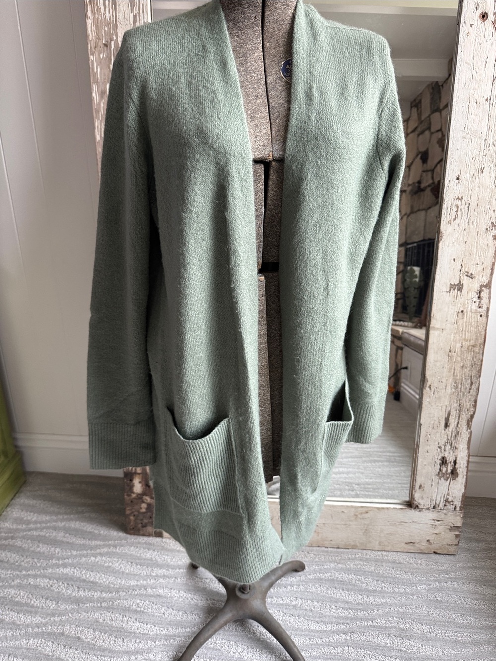 Open-Front Sage Green Pocket Cardigan Sweater for Women
